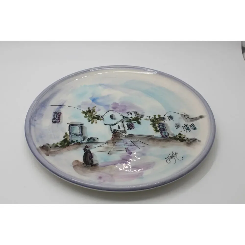 Vtg Signed Hand Painted Water Color Greece Scene Glazed Ceramic Plate Decor